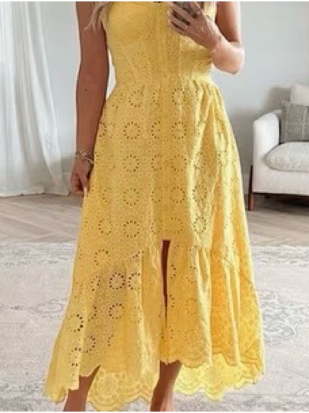 NWT Sunshine Yellow Eyelet Midi Dress with Spaghetti Straps, Lined, Size 2XL